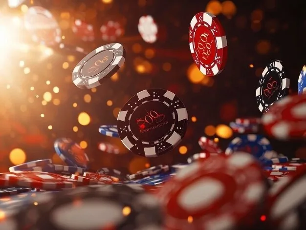 Casino chips flying through warm lights